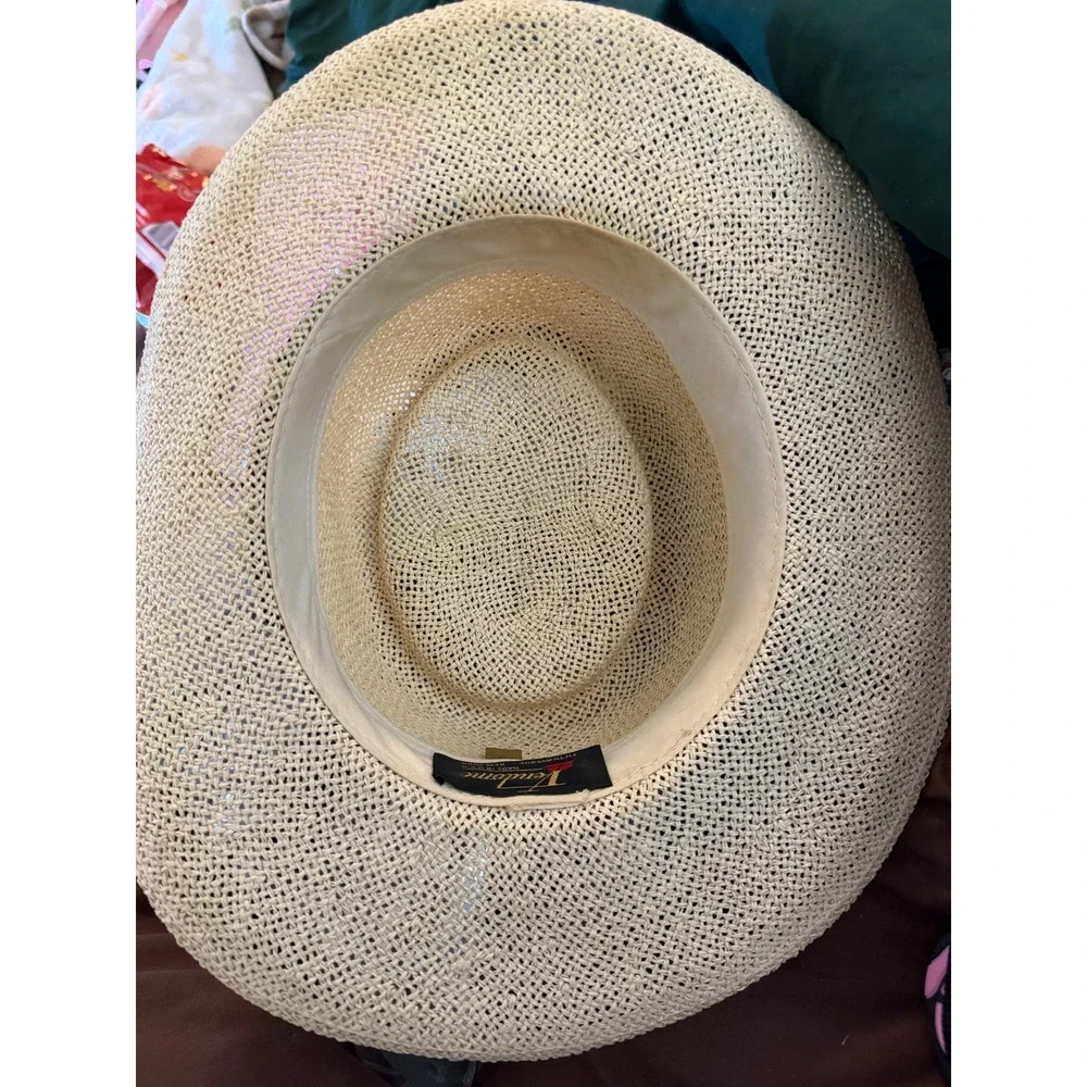 Vintage Vendome Fifth Avenue NY Straw Sun Hat Wide Brim Fedora Abstract Band USA